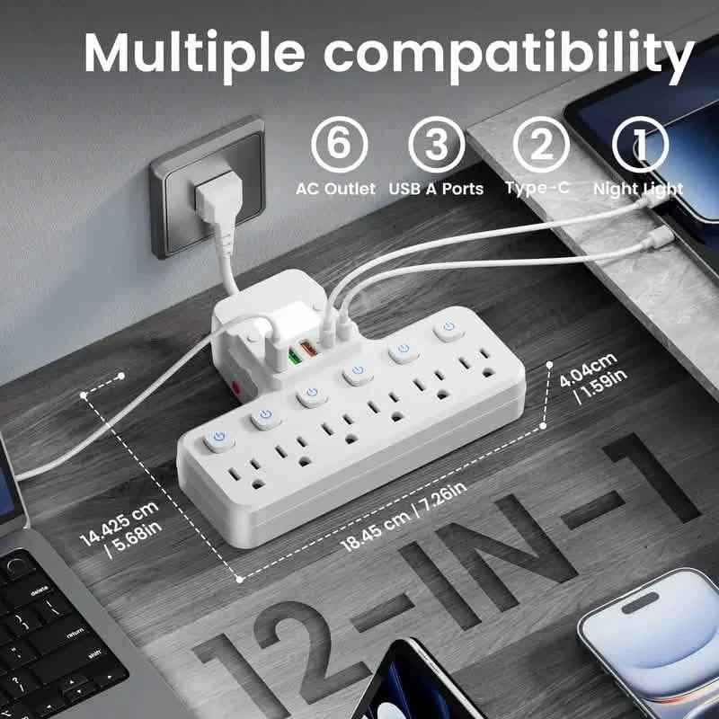 12-in-1 Adjustable Desk Lamp Power Strip – 6 AC Outlets, 3 USB-A & 2 Type-C Ports, Surge Protection Cartsfy Inc.