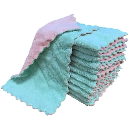 Dish towel set, folded stack of teal and pink towels with gray underneath