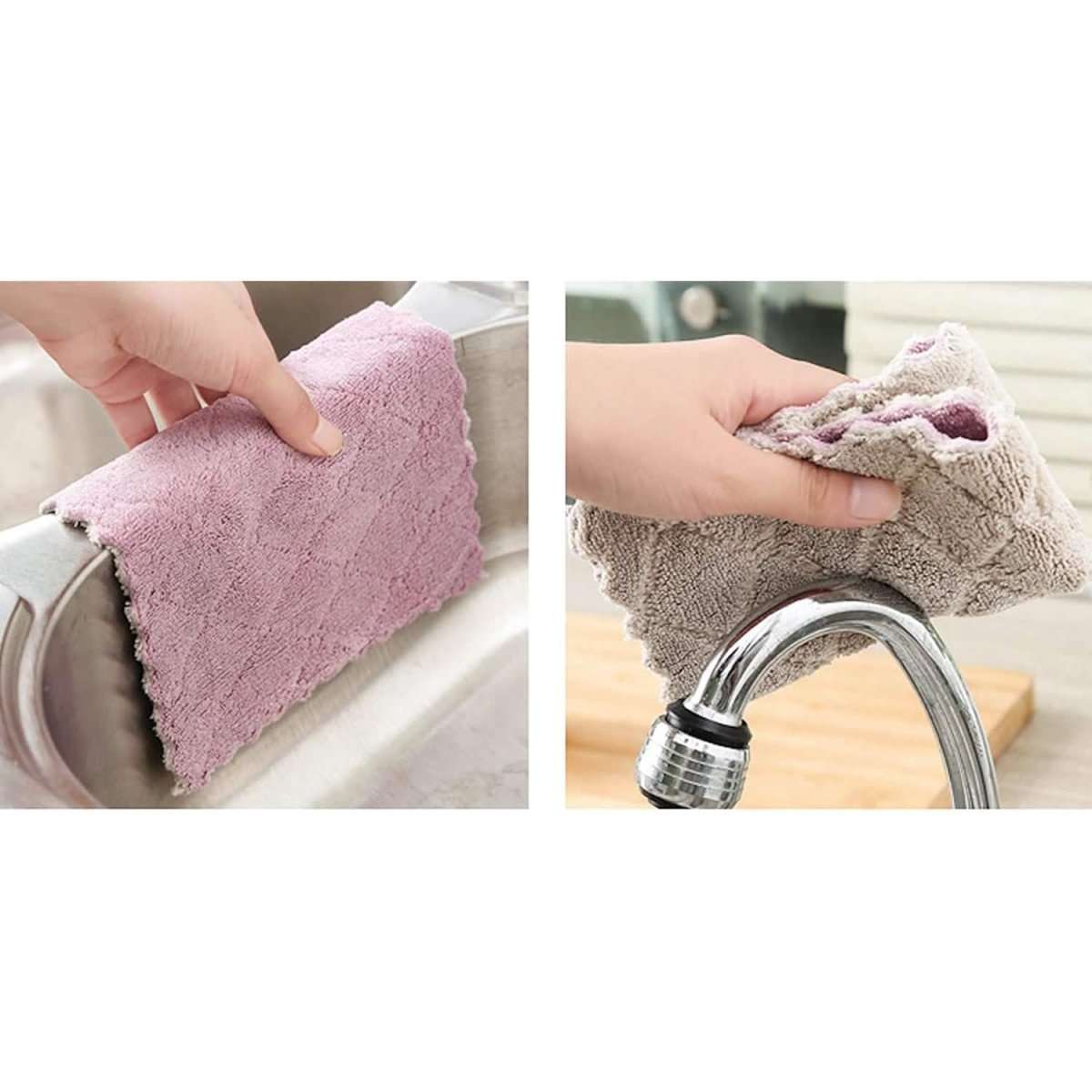 Pink kitchen dish towel used to dry dishes near a sink faucet.
