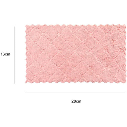 Pink kitchen dish towel, textured diamond weave with scalloped edges.