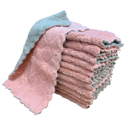 Stack of kitchen dish towels in pastel tones: light blue and pink