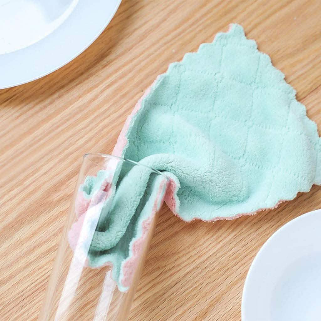 Kitchen dish towel, mint green with scalloped edges and light pink accent stripes