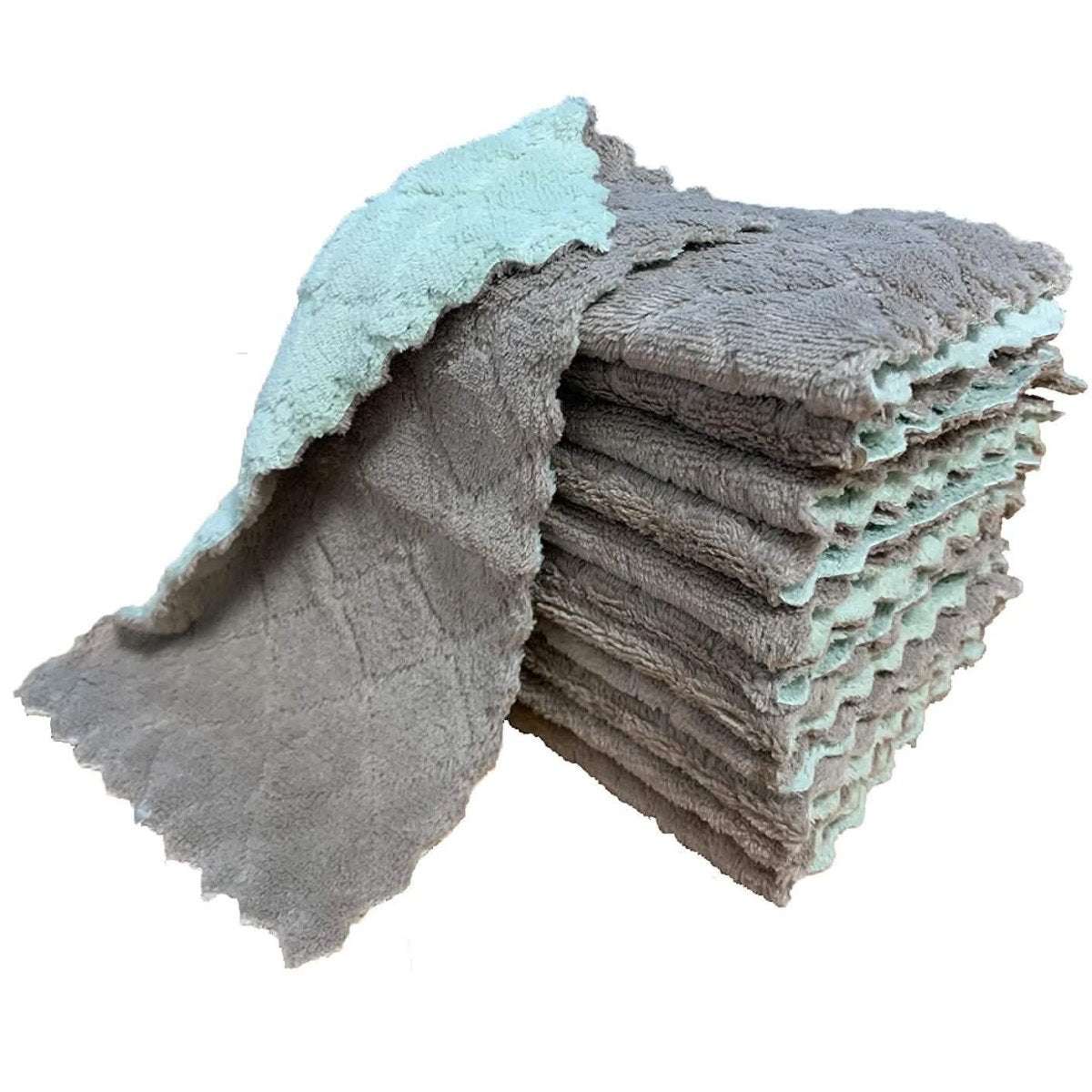 Dish towel set, folded stack of gray and teal cloths with textured loops