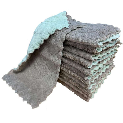 Dish towel set, folded stack of gray and teal cloths with textured loops