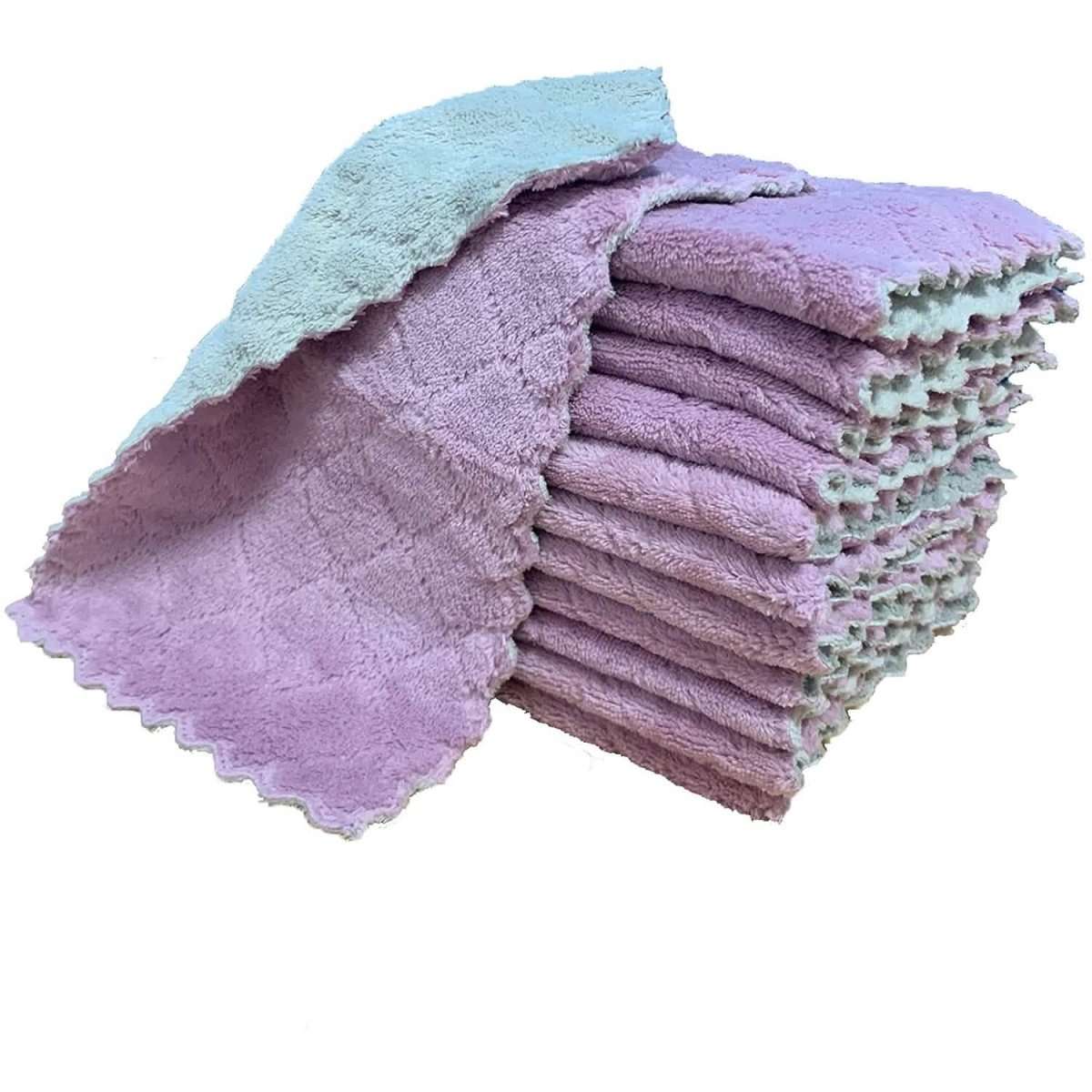 Pastel kitchen dish towels stack: purple front with light blue and purple backs.