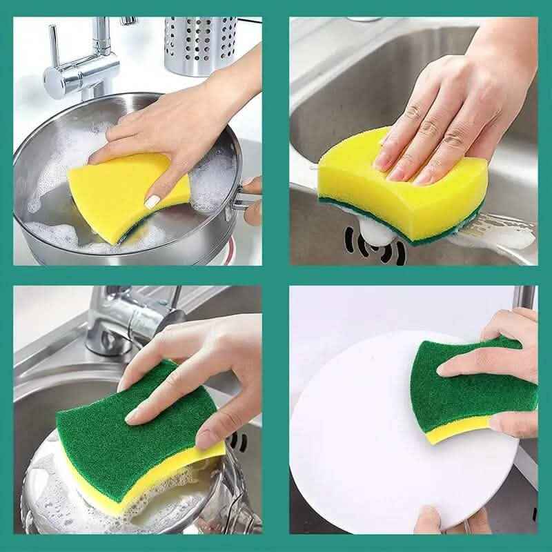 Kitchen cleaning sponges shown scrubbing sink and counters, green scrub with yellow foam.