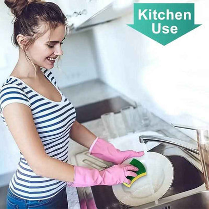 Kitchen cleaning sponge used at sink with green scrub and yellow foam, gloved hand.