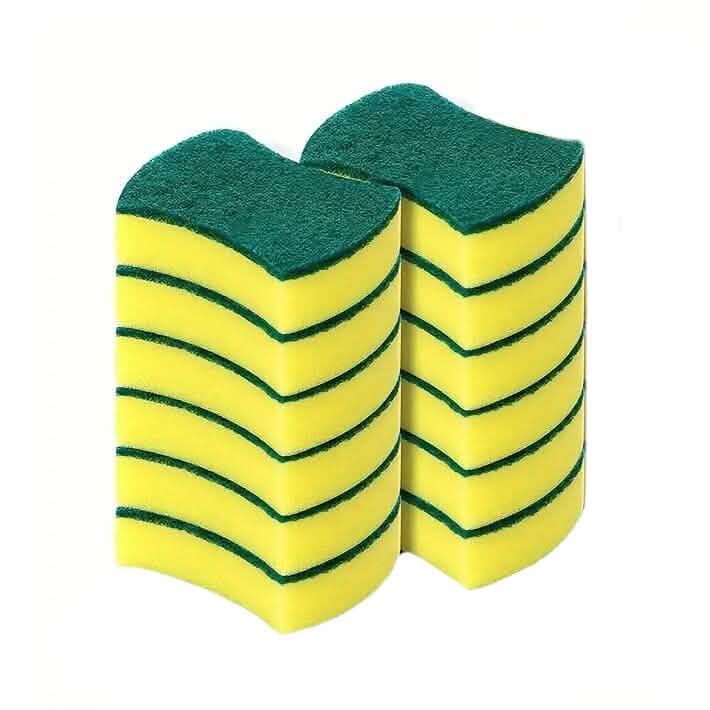 Two kitchen cleaning sponges with green scrub tops and yellow foam bottoms, striped.