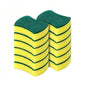 Two kitchen cleaning sponges with green scrub tops and yellow foam bottoms, striped.