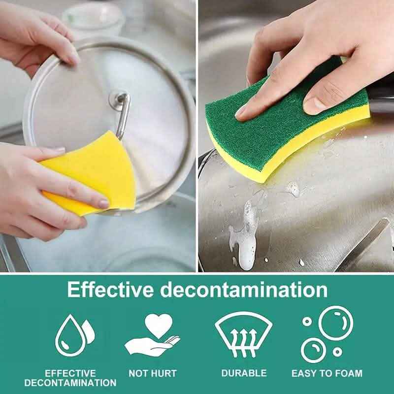 Kitchen cleaning sponge in hand over bowl, with green scrub and yellow foam layer.
