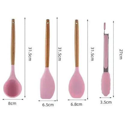 12-Piece: Wood Handle Silicone Kitchenware DailySale Gray Pink Gray-Pink-