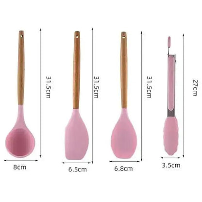 12-Piece: Wood Handle Silicone Kitchenware DailySale Gray Pink Gray-Pink-