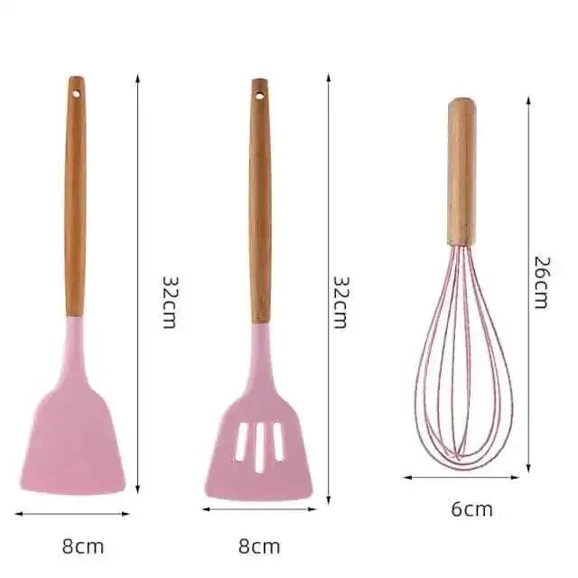 12-Piece: Wood Handle Silicone Kitchenware DailySale Gray Pink Gray-Pink-