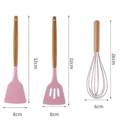 12-Piece: Wood Handle Silicone Kitchenware DailySale Gray Pink Gray-Pink-