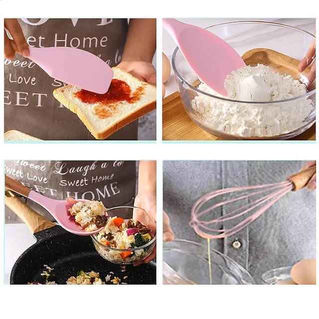 Pink silicone spatula and whisk used for baking, mixing ingredients in a bowl