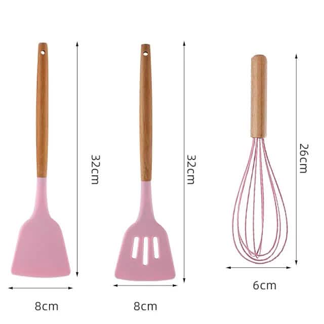 Pink silicone spatula with wood handle and sizing diagram for head and length