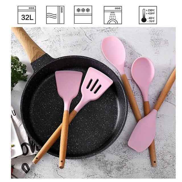 Pink silicone kitchen utensils with wooden handles, spatula and scraper set
