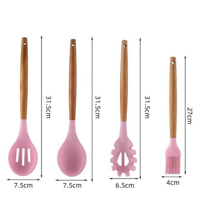 Pink silicone kitchen tools with wood handles, shown with size measurements