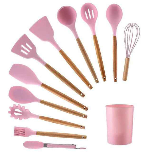 12 - Piece: Wood Handle Silicone Kitchenware - Cartsfy Inc.