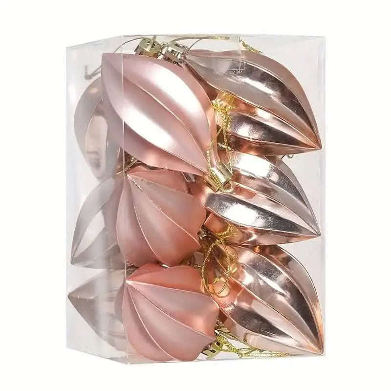 Rose gold Christmas teardrop pendant ornament set in a clear box, glossy finish