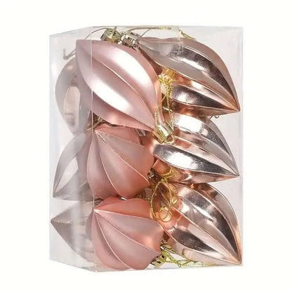 Rose gold Christmas teardrop pendant ornament set in a clear box, glossy finish