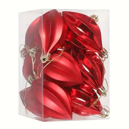 Red teardrop Christmas pendant ornaments in a clear box, glossy finish and hooks