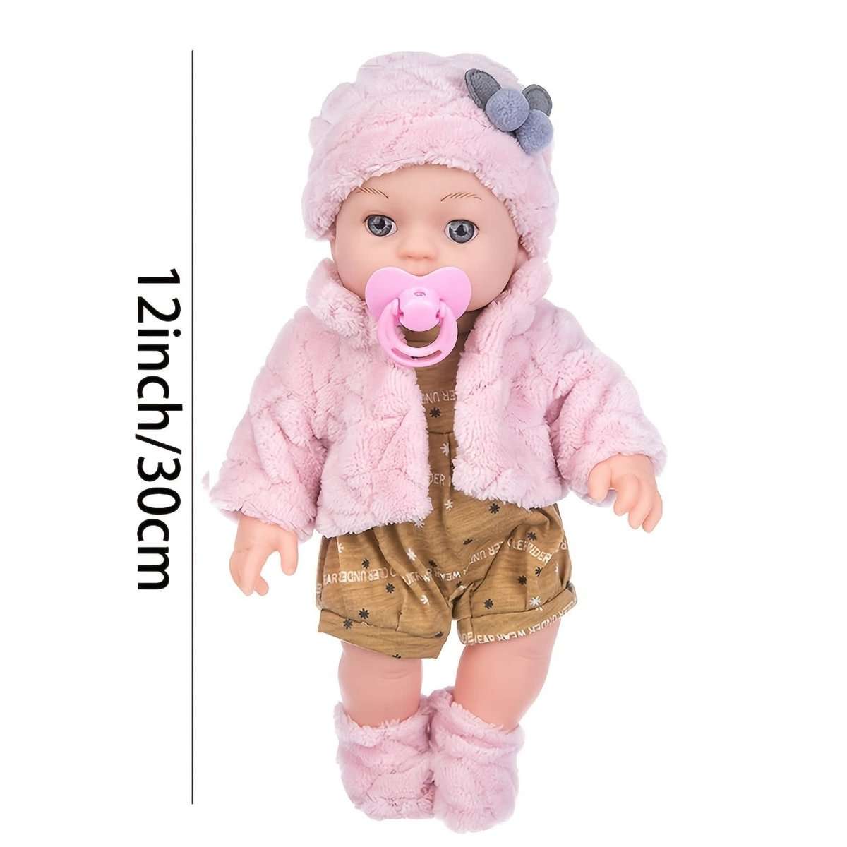 Full-body pink plush baby doll in hood and gray ear hat, brown star romper, pink pacifier.