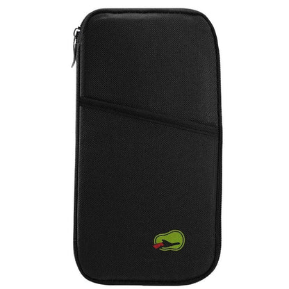 Black travel passport wallet with zipper and front slip pocket, green logo patch.