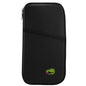 Black travel passport wallet with zipper and front slip pocket, green logo patch.