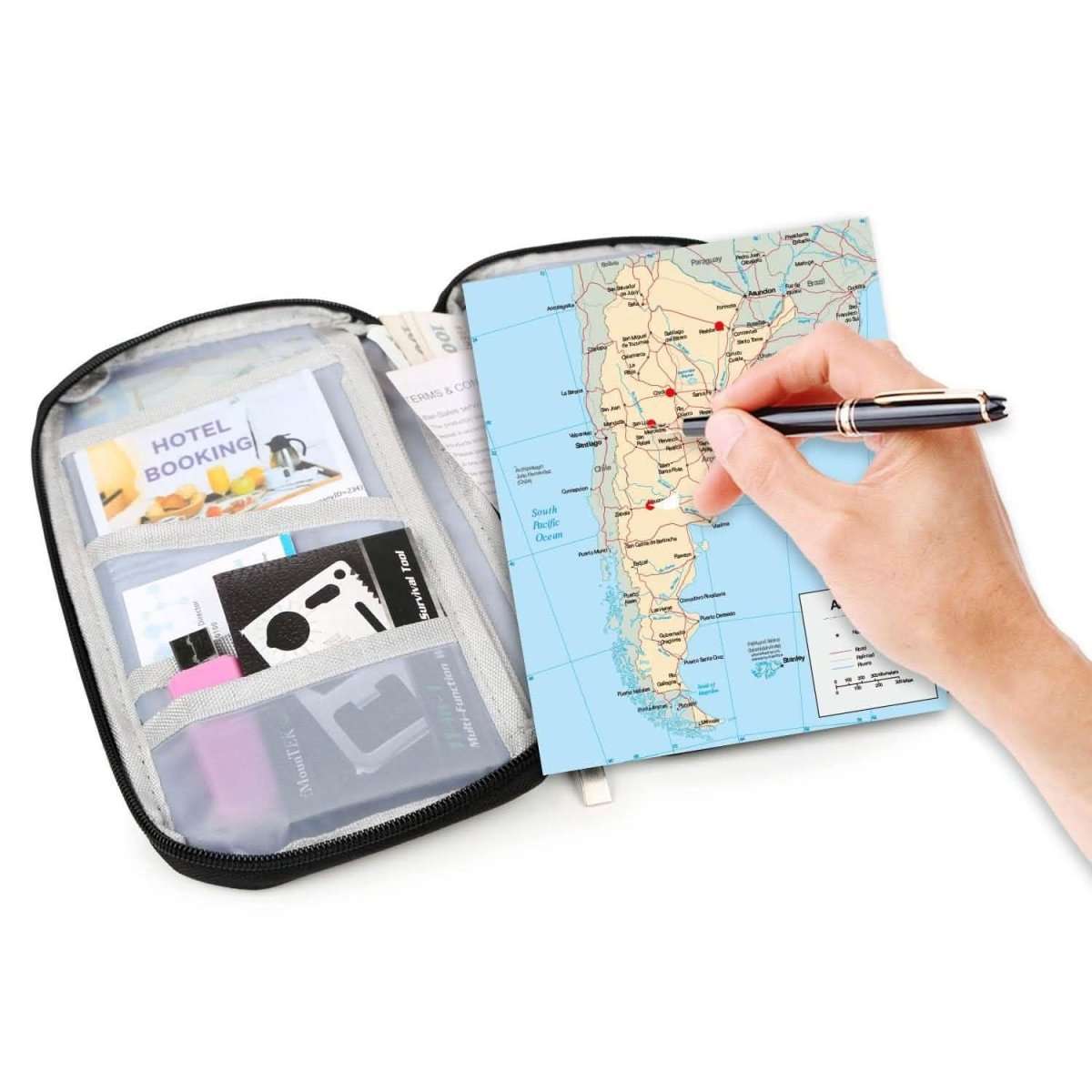 Black passport wallet opened with card pockets and clear sleeve, map insert visible