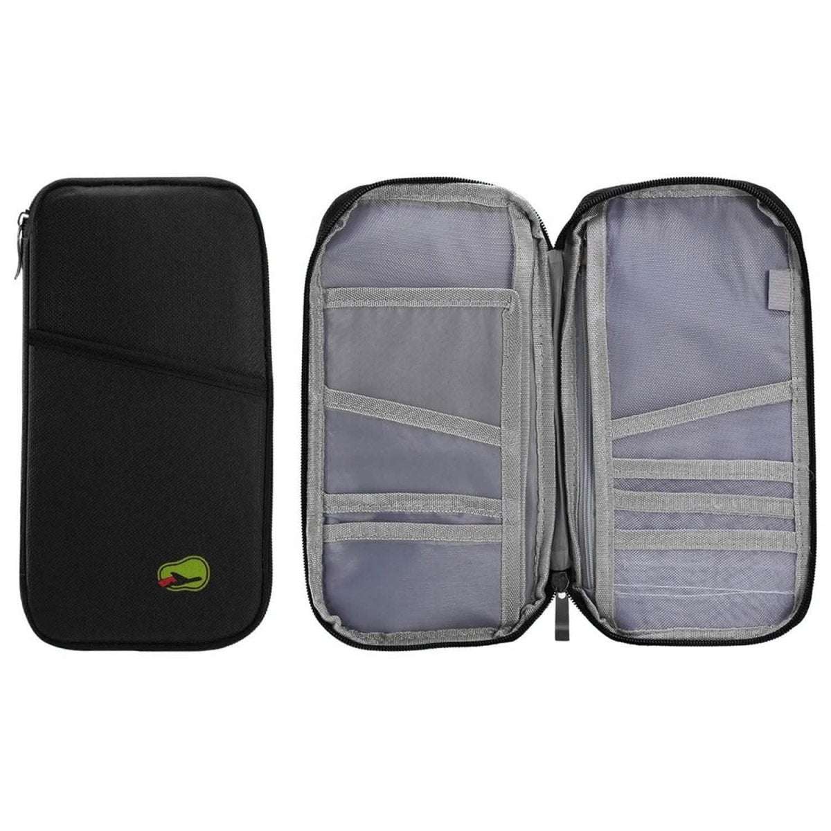 Open travel passport wallet showing multiple card slots and gray-lined compartments.