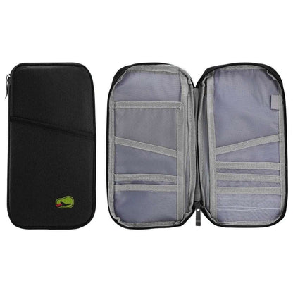 Open travel passport wallet showing multiple card slots and gray-lined compartments.