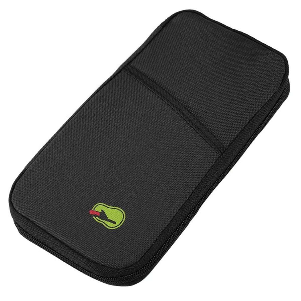 Black travel passport wallet with zipper and rounded front pocket, green logo patch.