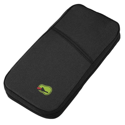 Black travel passport wallet with zipper and rounded front pocket, green logo patch.