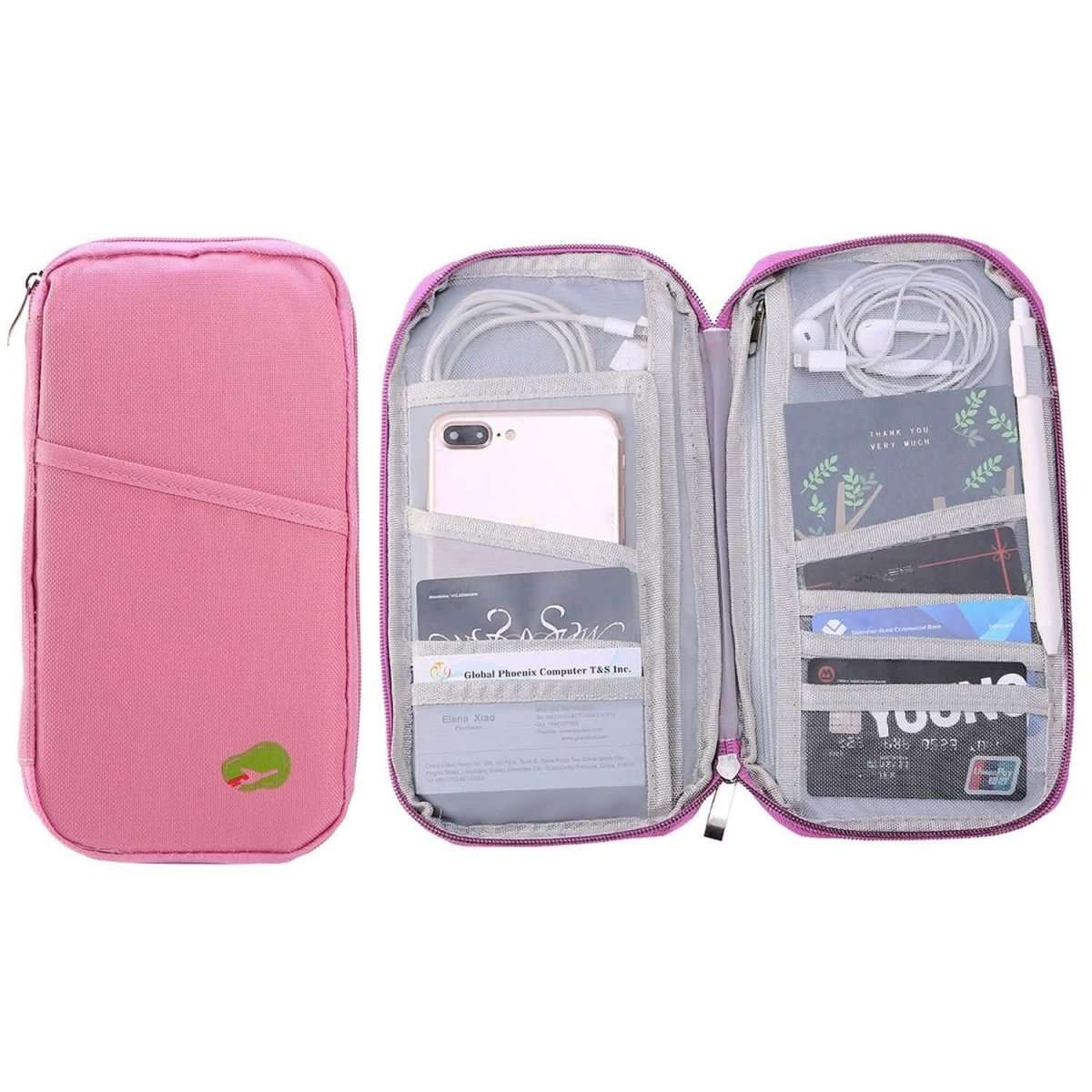 Pink zip travel wallet closed and opened, showing card pockets and document sleeves