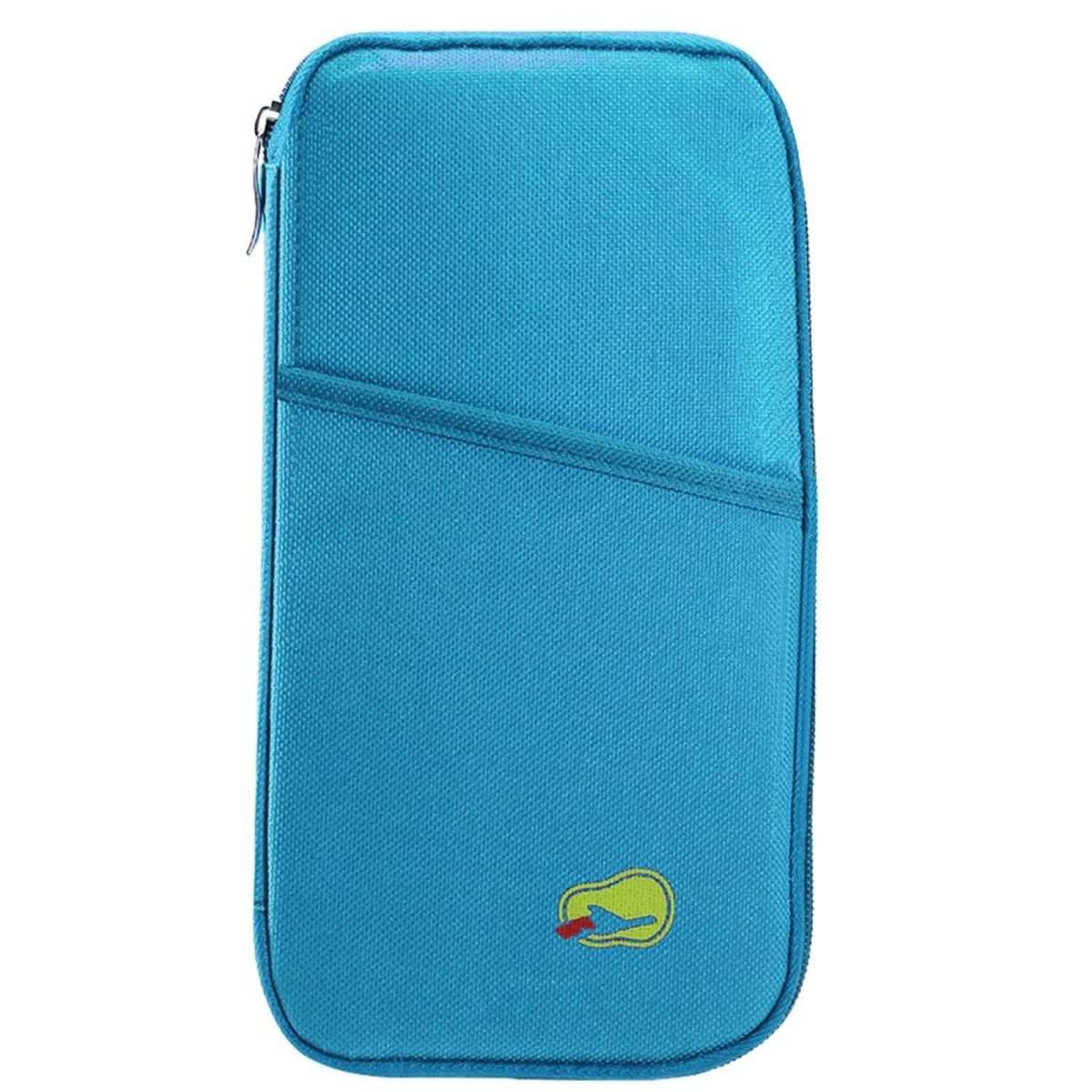 Blue zip passport wallet with small green and yellow logo on front, compact case.