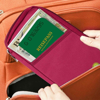 Purple passport wallet with zip opening, holding a passport card sleeve and documents.