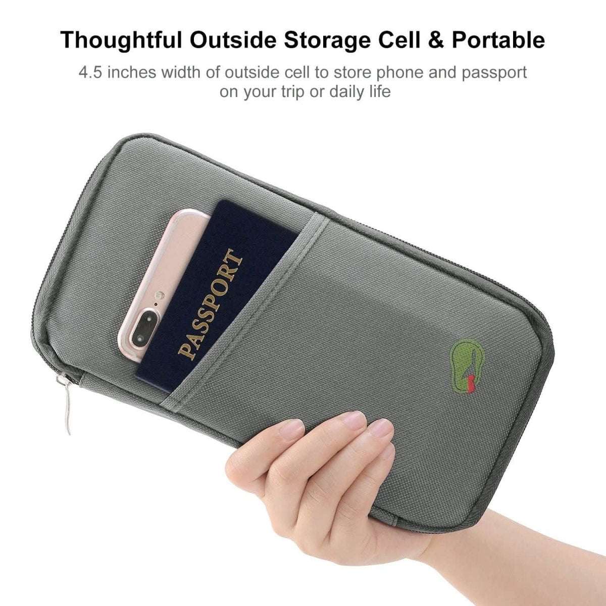 Travel passport wallet in hand with passport card slot and cactus emblem.