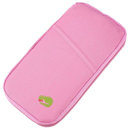 Pink zip passport wallet laid flat, with front seam and small logo patch