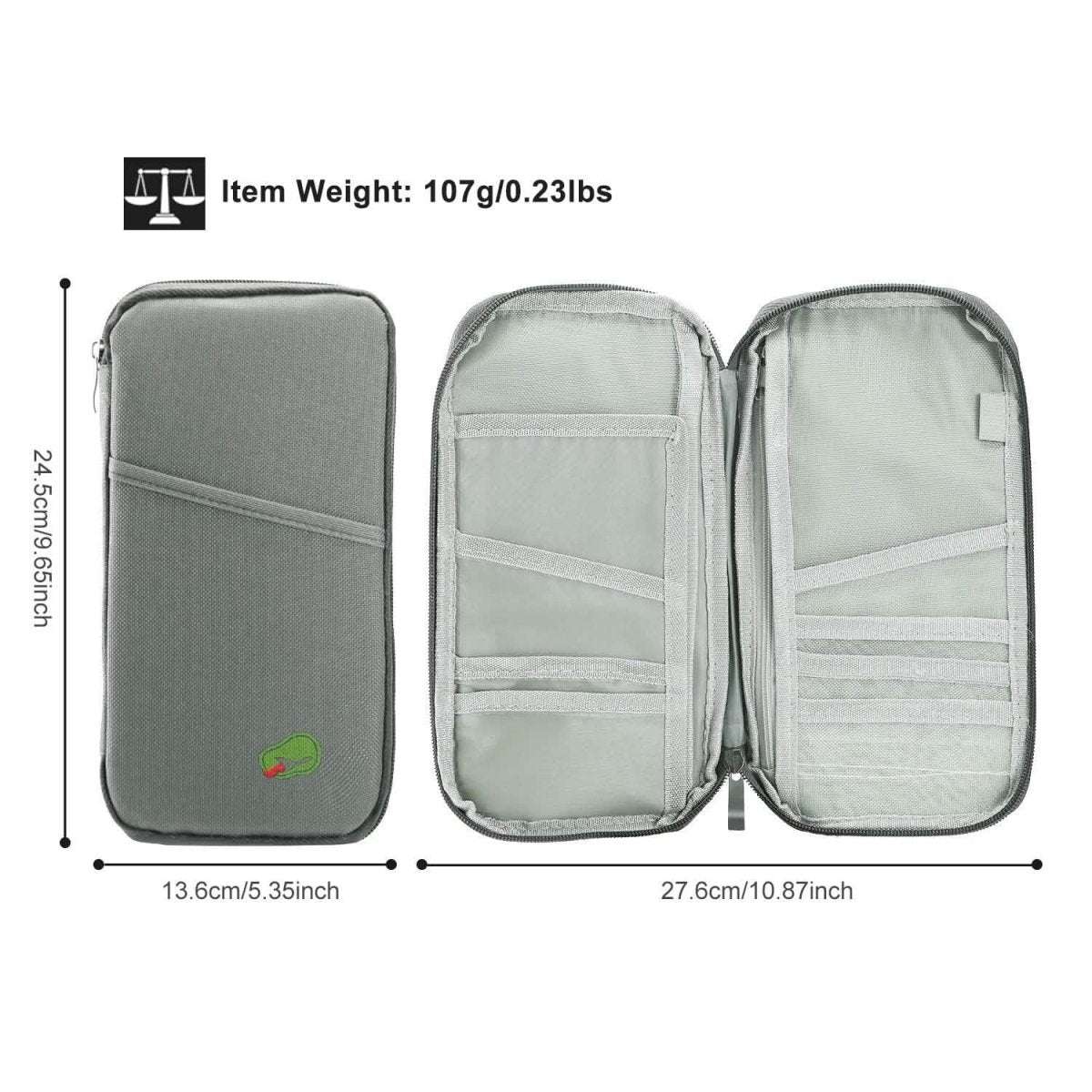Zippered travel passport wallet in dark green, shown open with interior compartments.