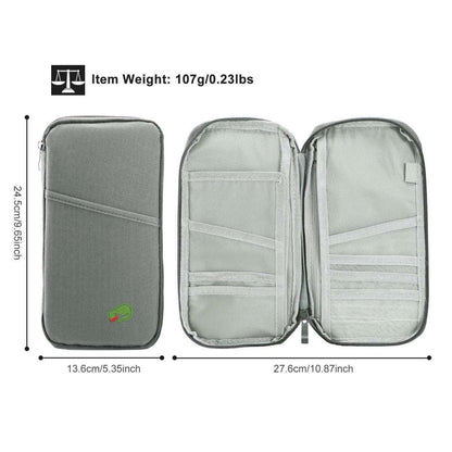 Zippered travel passport wallet in dark green, shown open with interior compartments.