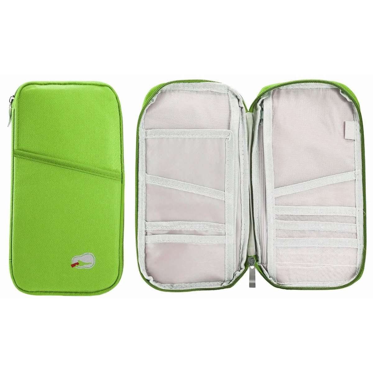 Green passport wallet set showing closed front and open compartments with card slots