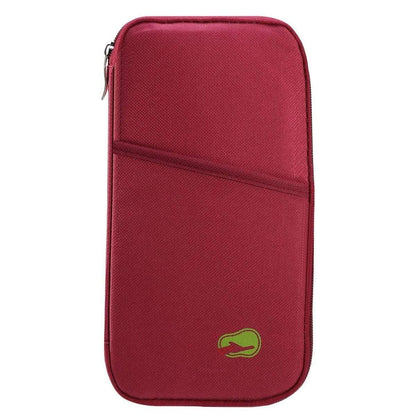 Red passport wallet with zip top, stitched front panel, and small logo patch