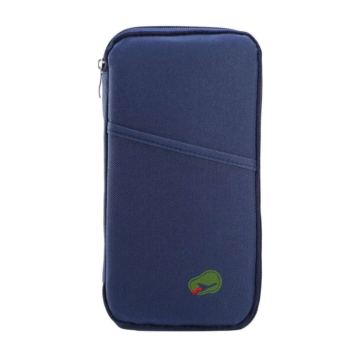 Travel passport wallet in dark navy with front zip and green logo patch