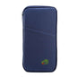 Travel passport wallet in dark navy with front zip and green logo patch