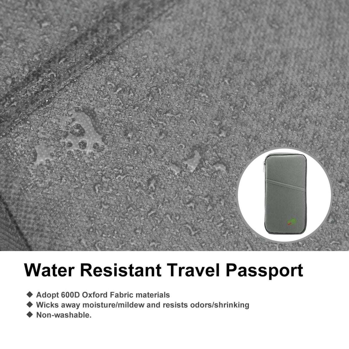 Close-up of dark green woven travel passport wallet with zippered edge and logo patch.