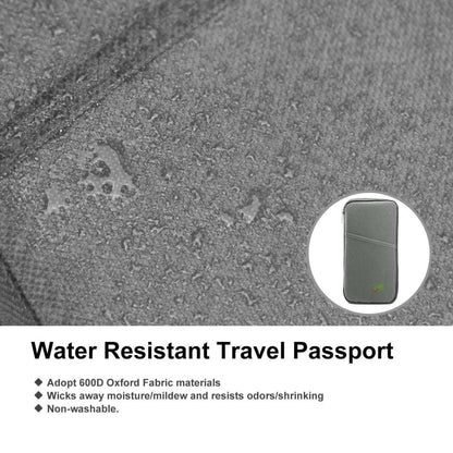 Close-up of dark green woven travel passport wallet with zippered edge and logo patch.