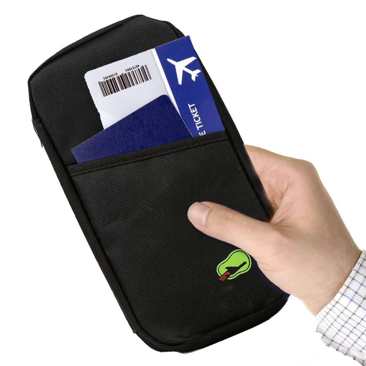 Black travel passport wallet with zipper, holding a boarding pass in front slot.