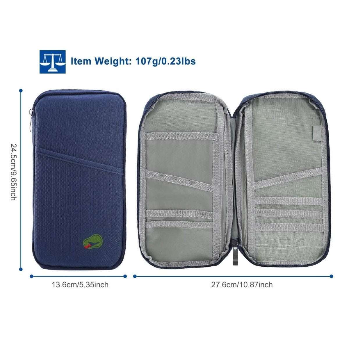 Blue travel passport wallet, folded with zipper and small logo patch