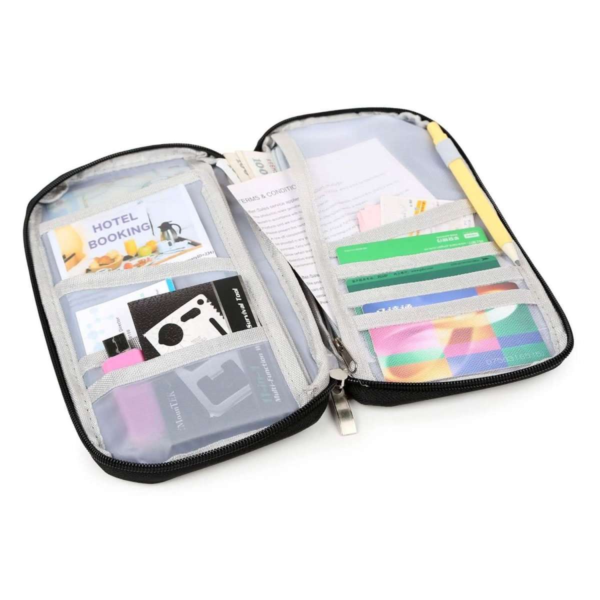 Black travel passport wallet with zip-open card slots and clear passport sleeve